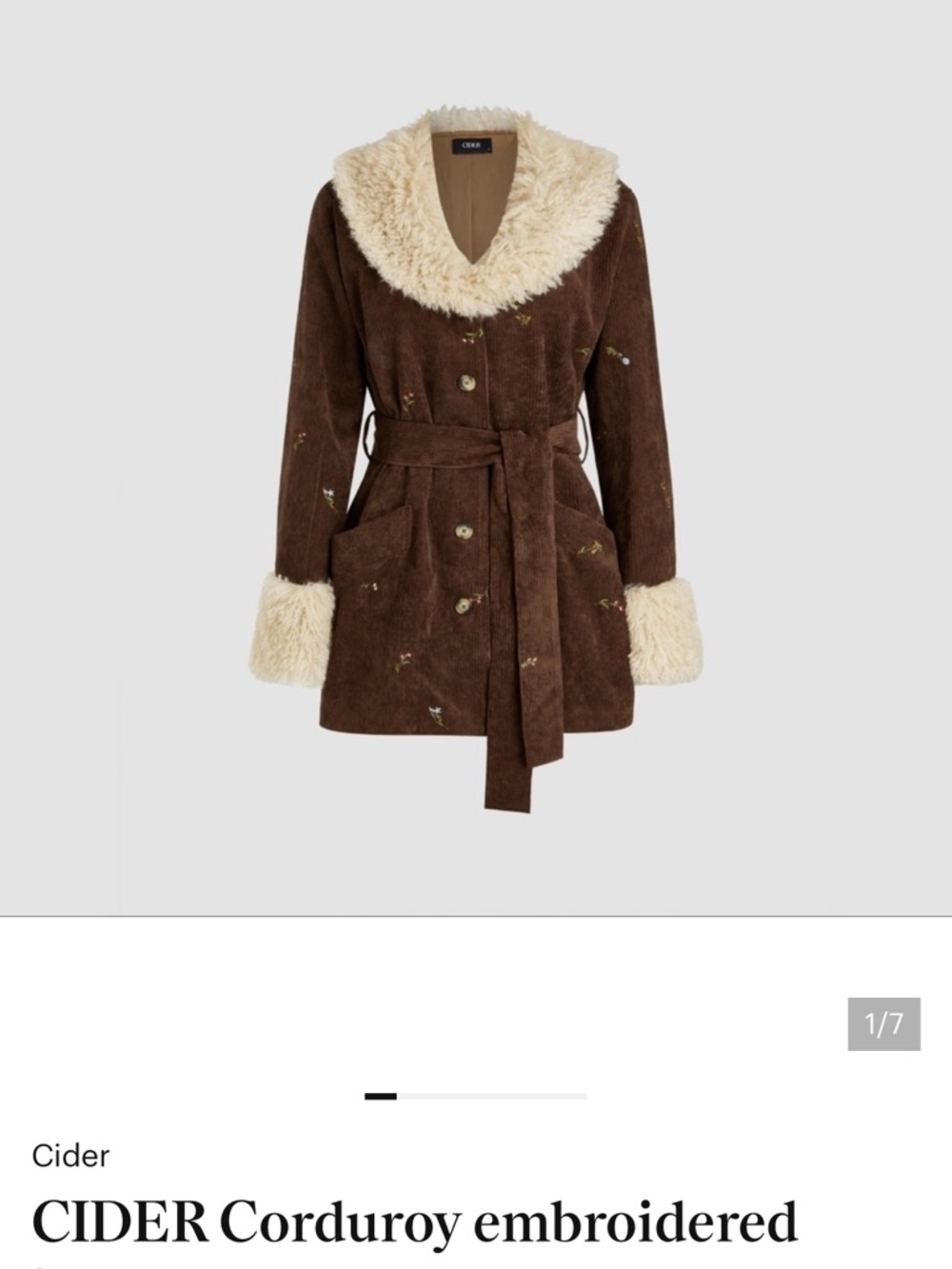 Cider Brown Corduroy Teddy-Trim Embroidered Jacket